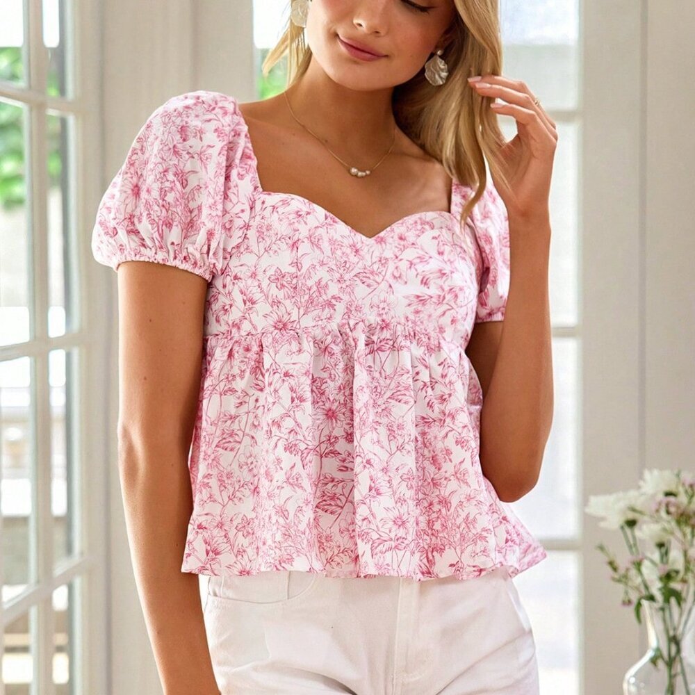 Pink Boho Women's Elegant Vacation Woven Printed Bubble Short-Sleeve Shirt With